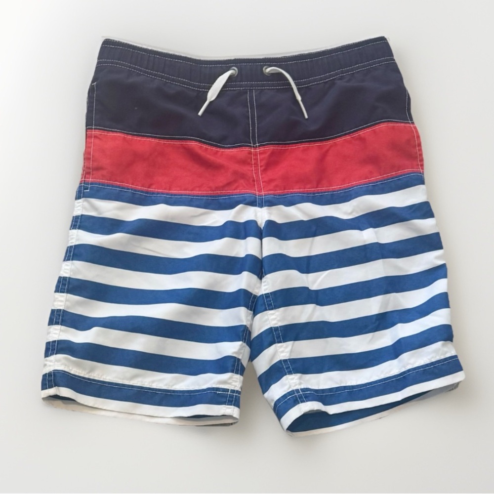 Hanna Andersson Sz 6-7 (120) Boys Swim Trunks Blue Red White Stripes Lined